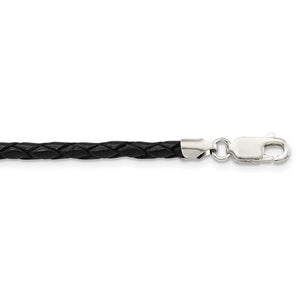 Sterling Silver 20inch 3mm Black Leather Braided Necklace